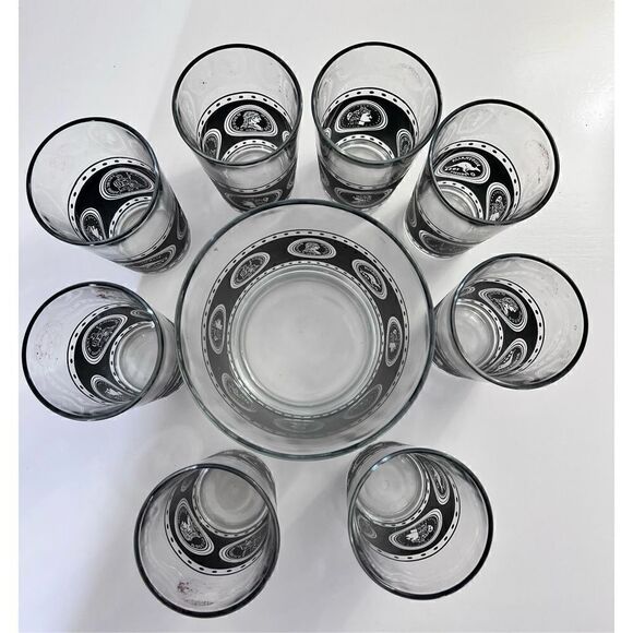 Vtg Hazel Atlas Coins Of the World 8 Glasses, Ice Bucket Black Gold & Caddy MCM - Picture 7 of 16